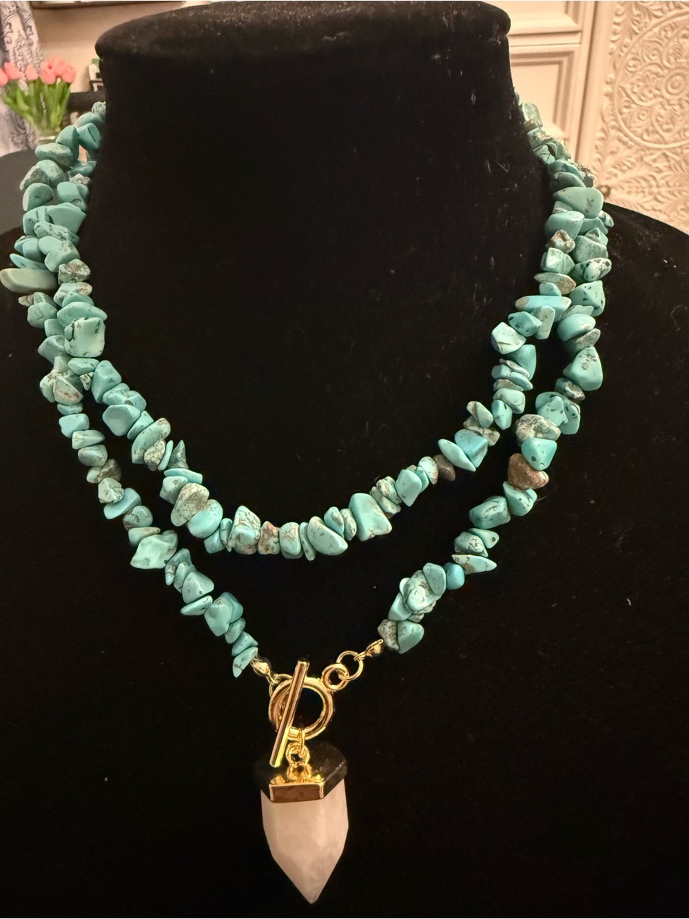 Turquoise Chip Necklace with Rose Quartz Pendant - Women's Jewelry